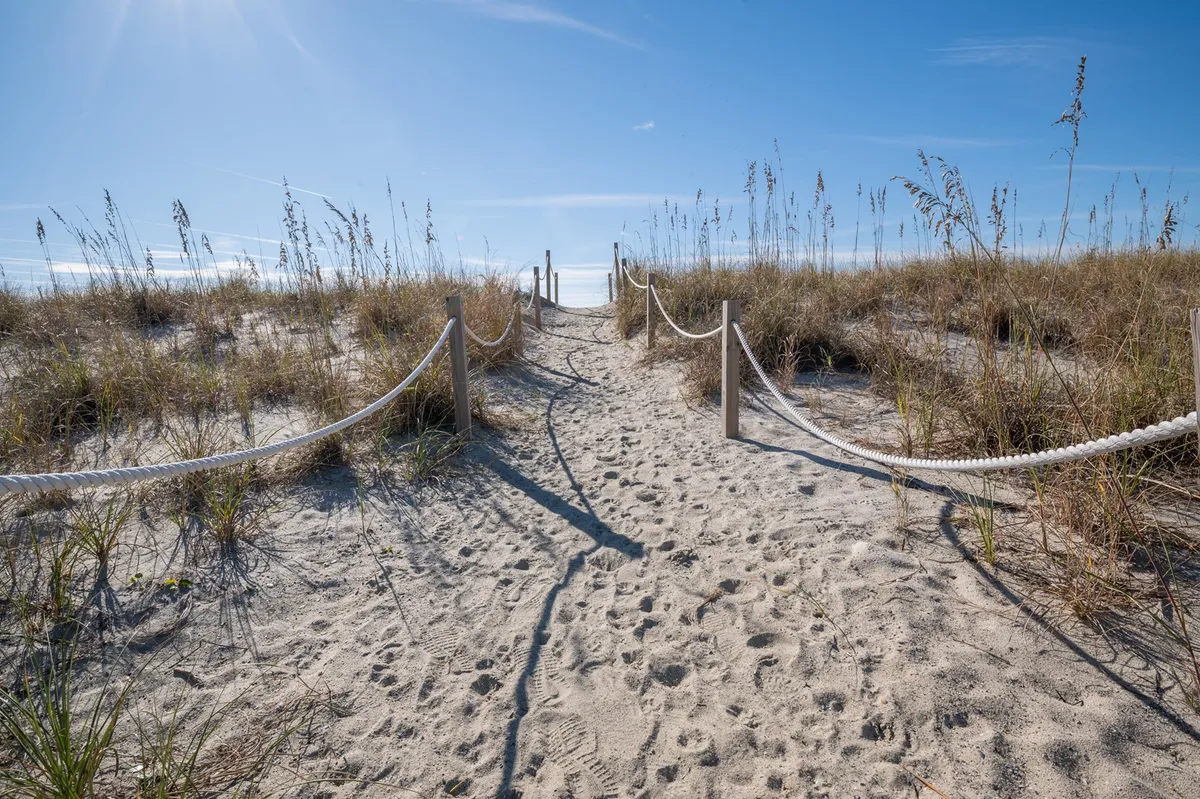 A sandy path lined with rope fencing meanders through coastal dune grasses, leading directly toward Oak Island’s beach. The soft sand and gentle dunes evoke the anticipation of family beach outings, and the natural setting hints at relaxed, sun-filled days.